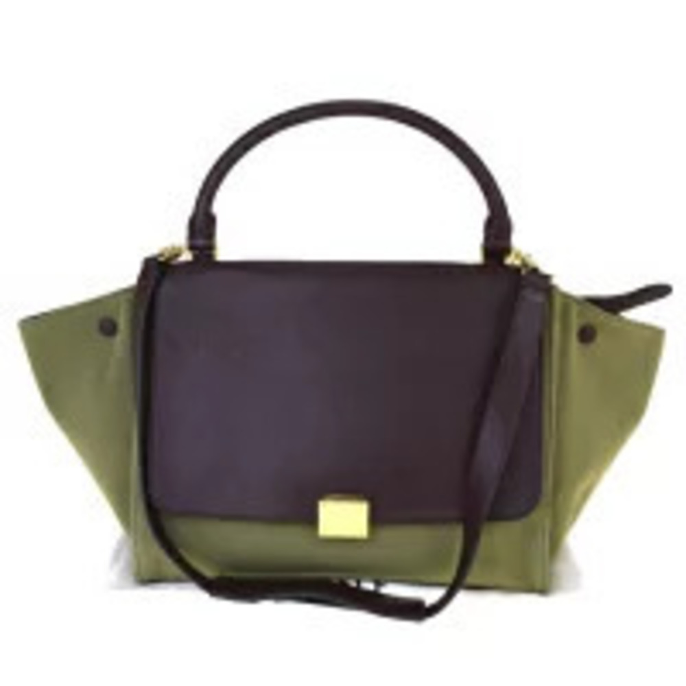 Celine Trapeze Handbag shoulder bag brown green leather canvas